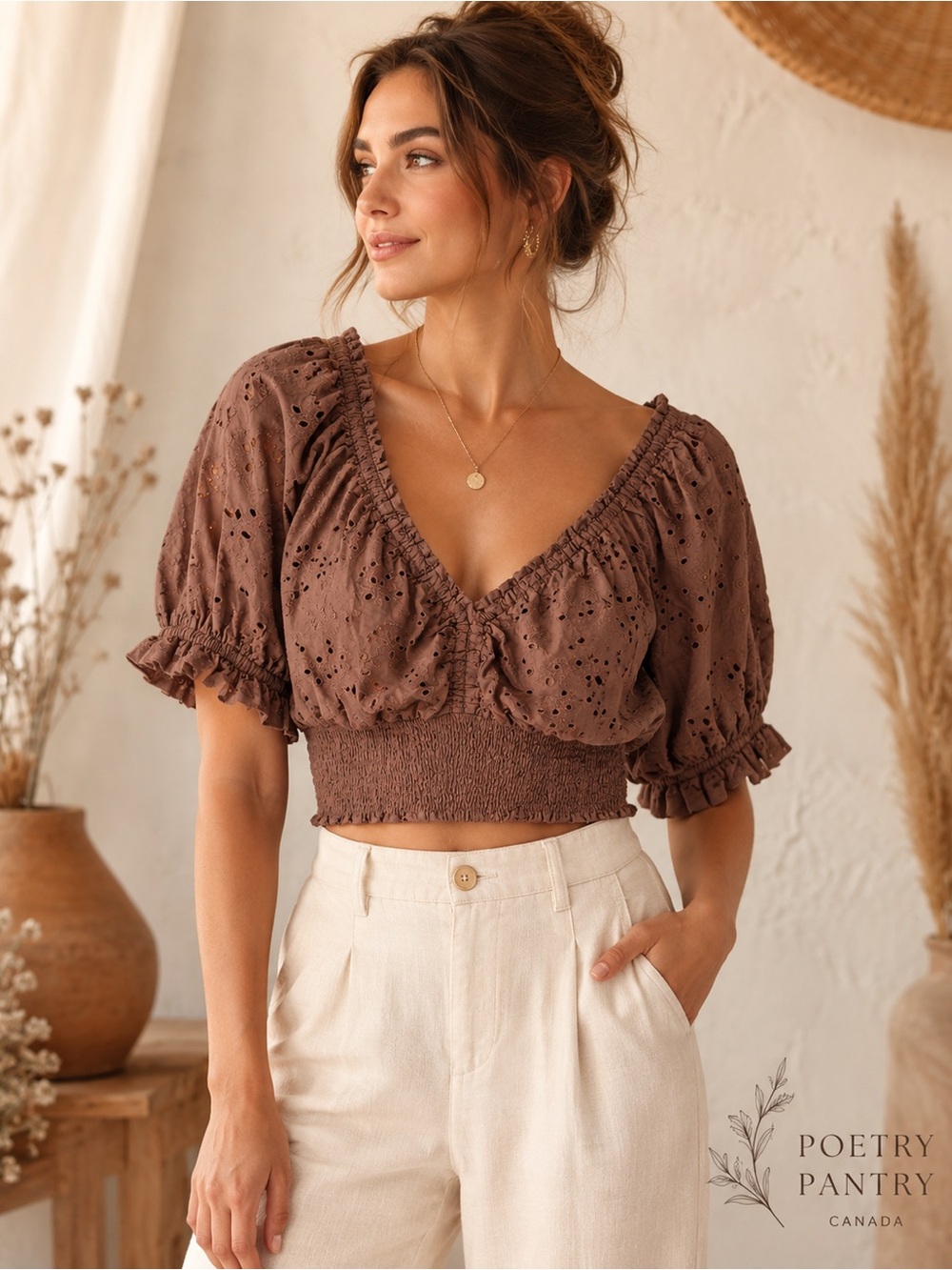 Milk Chocolate Brown Smocked Eyelet Puff Sleeve Crop Top